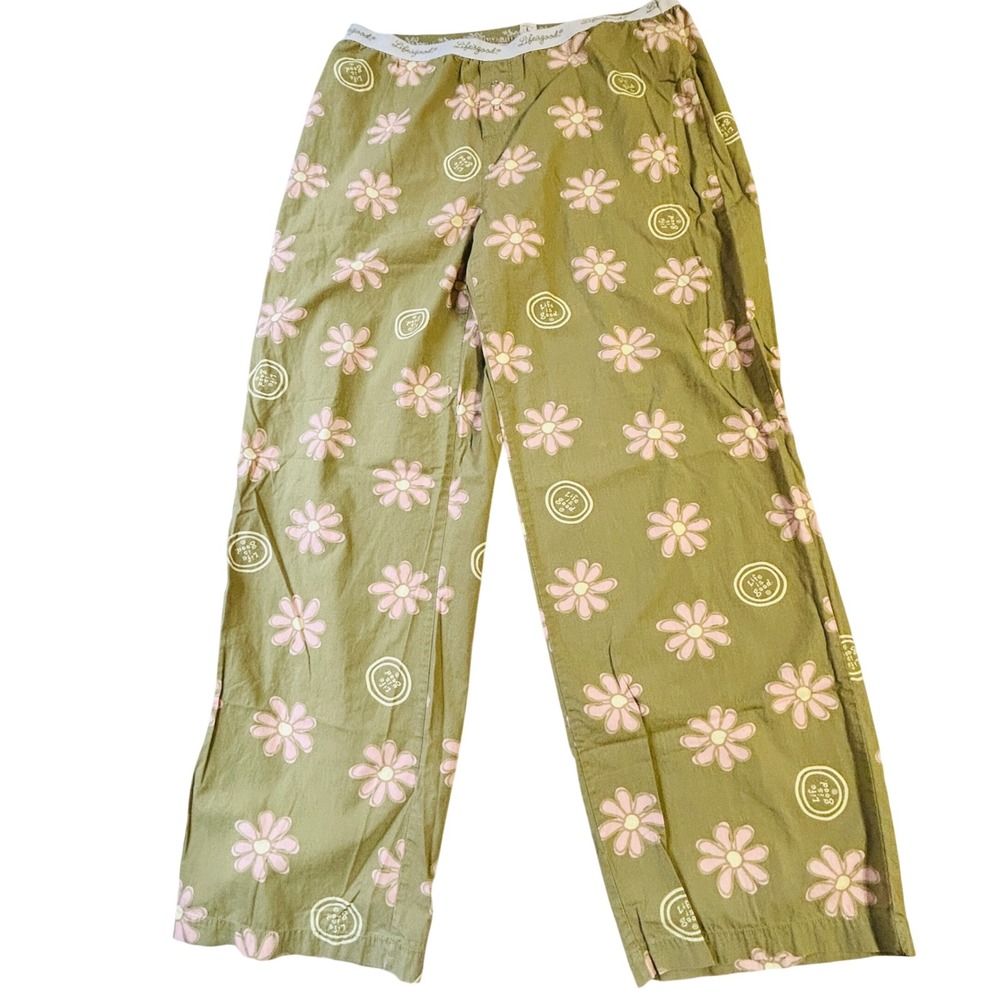 Life is Good Pajama Pants Large Olive Green Pink Daisy Floral Lounge Bottoms